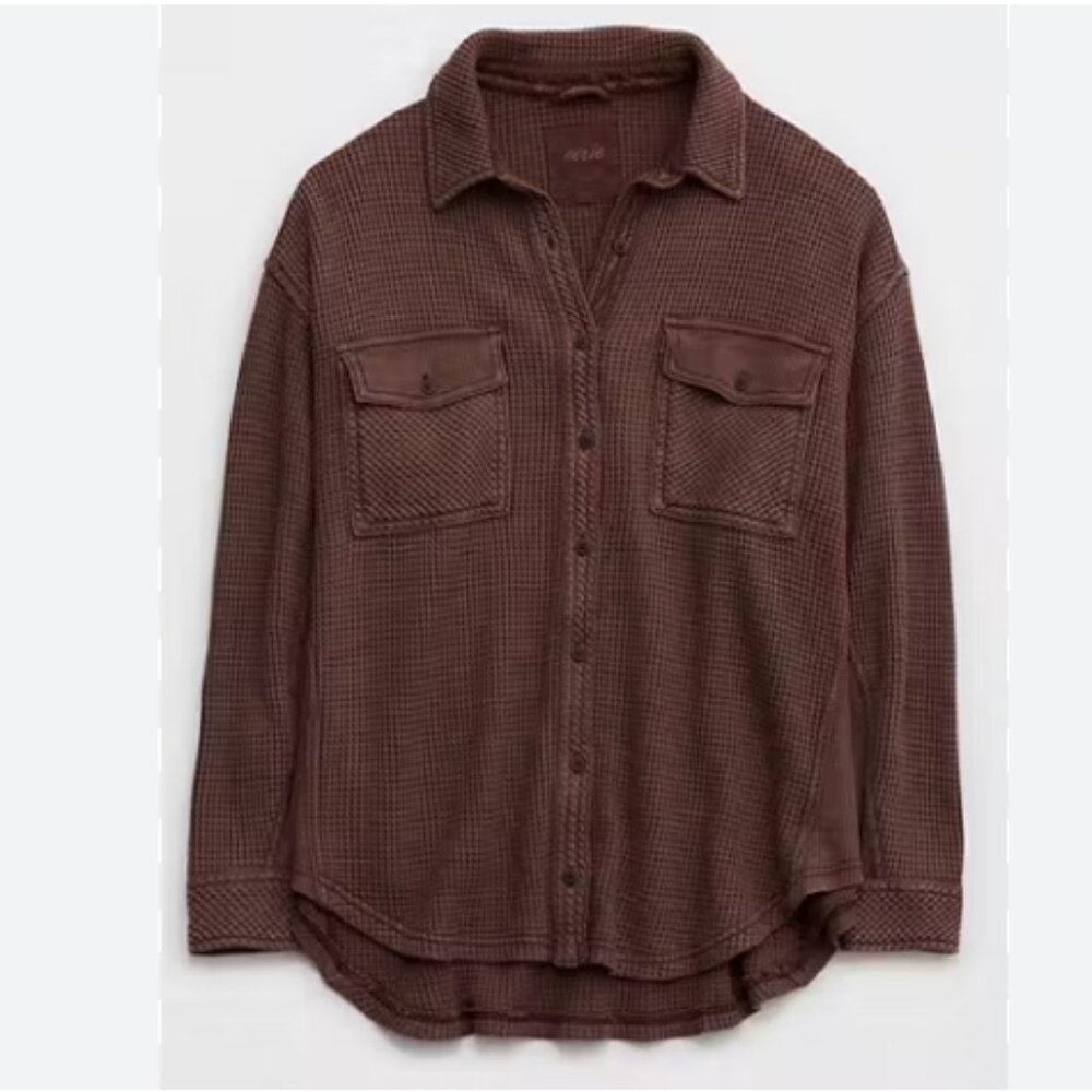 🆕️NWT Aerie LumberJane Waffle Shirt in 'Dark Maple', Size Medium - Picture 2 of 14